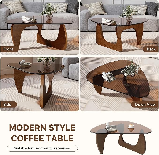 Modern Glass Coffee Table, Triangle Center Table with Tempered Glass Top& Unique Wooden Base, 35.5” Mid Century Tea Tables for Living Room, Apartment, Office,Walnut & Brown