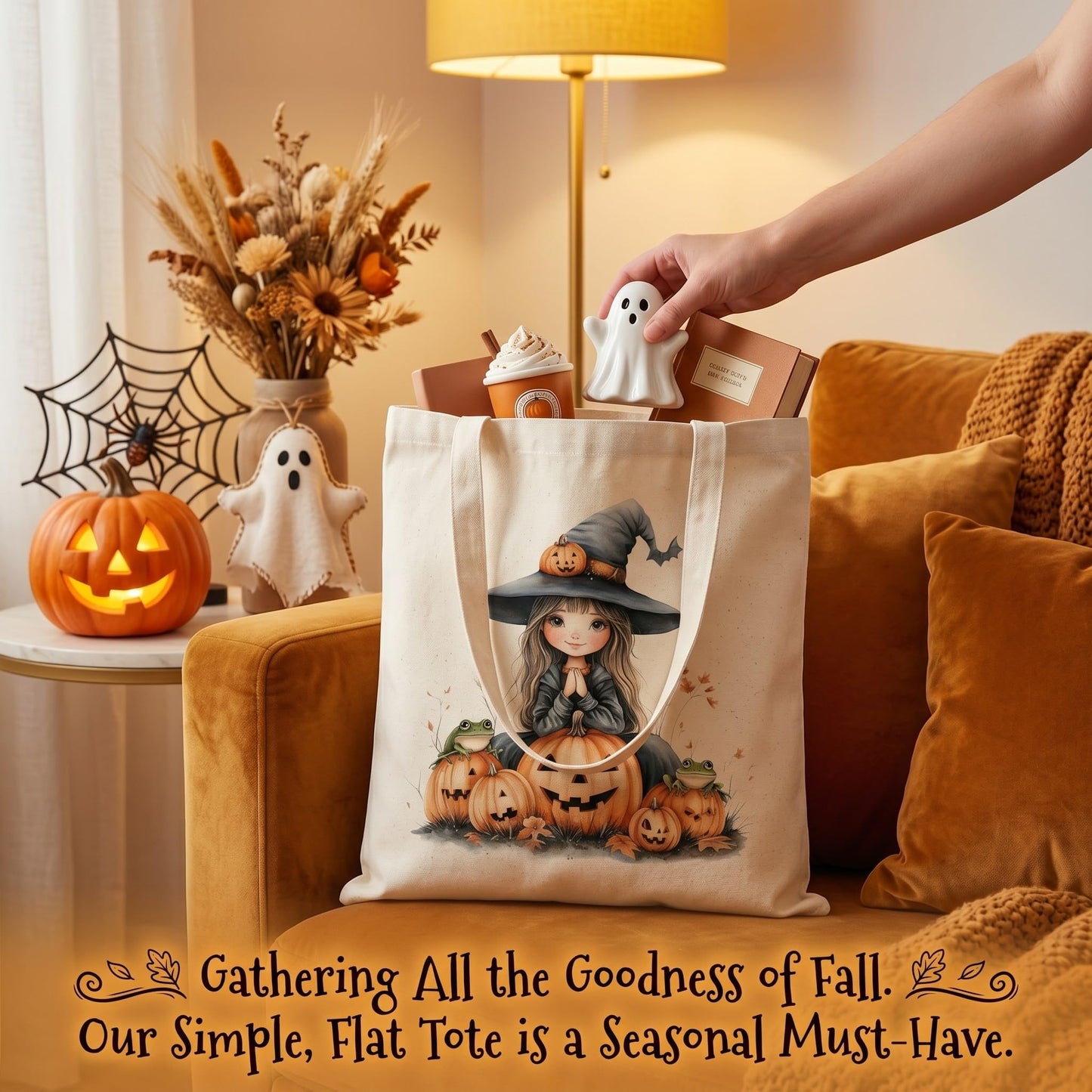 Fall Halloween Tote Bags 2Pcs, Cotton Blend Canvas Tote with Pumpkin Ghost Witch Prints, Reusable Shoulder Bags for Thanksgiving Party Trick or Treat Gift (witch&pumpkin)
