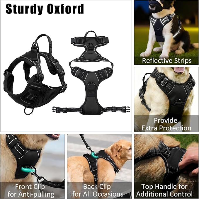 No Pull Dog Harness Adjustable Collar & Leash Set - Dog Halter Harnesses Collapsible Bowls & Poop Bag Dispenser Muzzle ID Tags Toys Fits Small Medium Large Dogs (Black-XL)