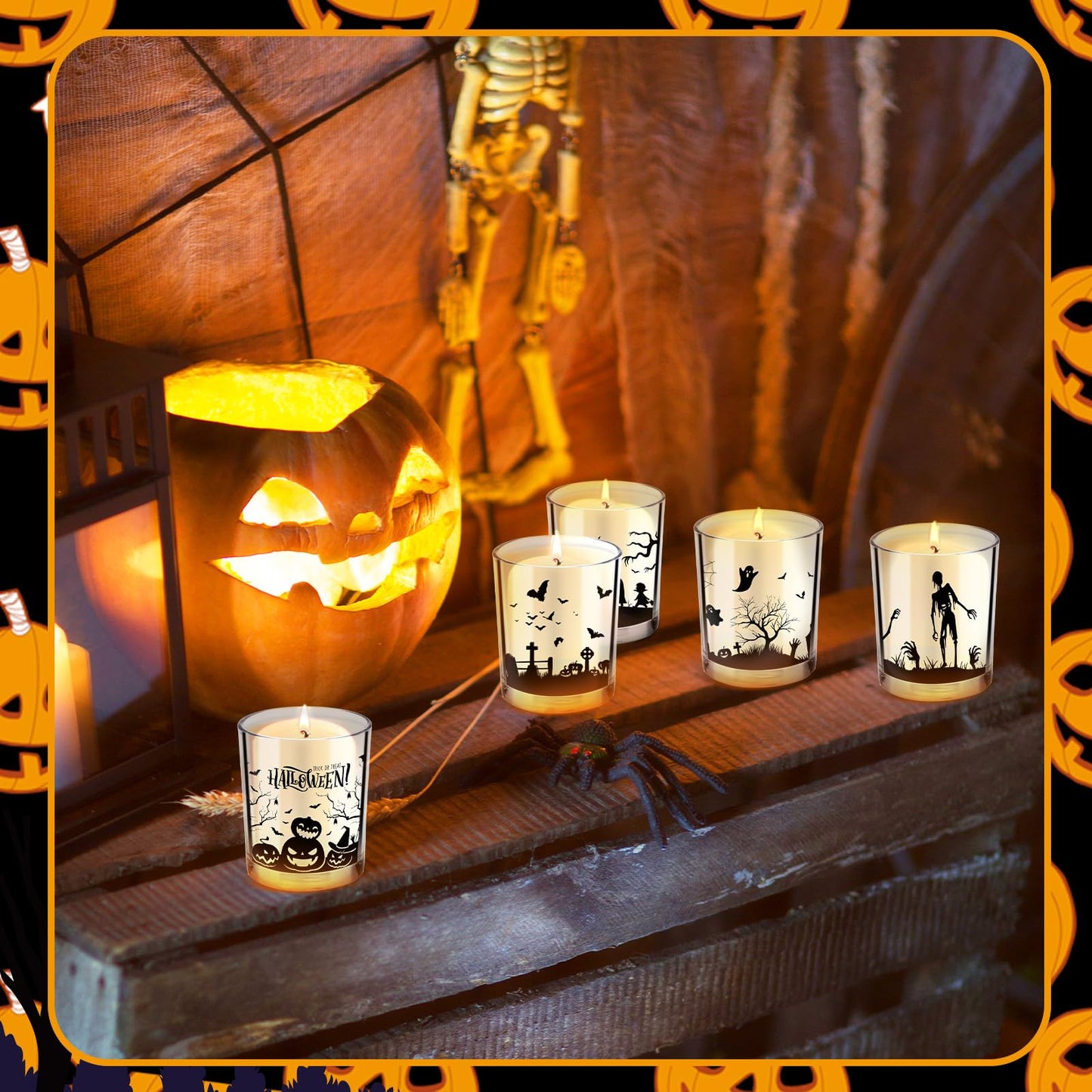 Ziliny 10 Pcs Halloween Village Glass Candle Jars Empty Containers Bulk 7 oz Halloween Glass Jars with Cork Lids Tins for Holiday Candle Making Storing Biscuits Tea Party Favors
