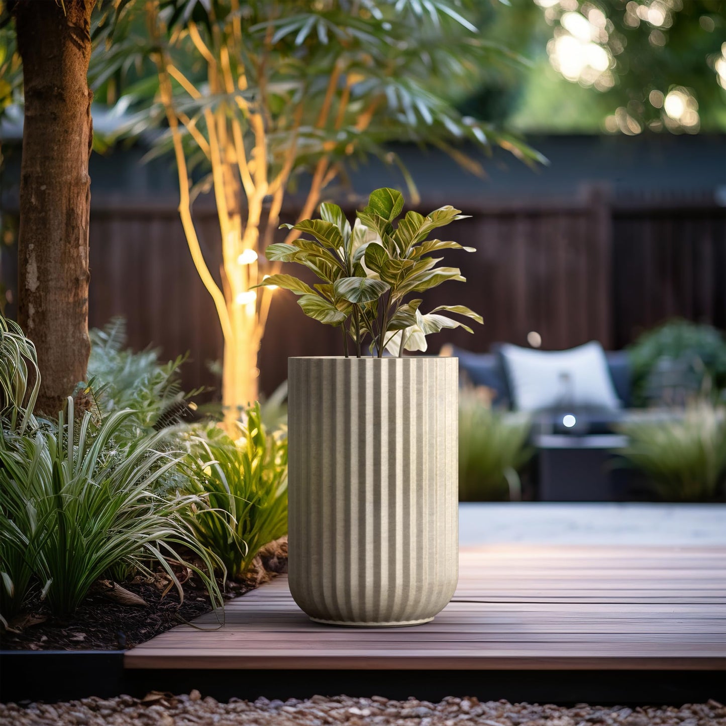 Kante Tall Fulted Planter, 21.7 Inch Tall Round Concrete Plant Pots with Drainage Hole and Rubber Plug, Modern Decor for Indoor Outdoor Plants, Flower, Weathered Concrete