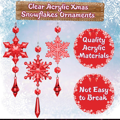 Boao Red 15 Pcs Crystal Snowflake Ornaments for Winter Acrylic Snowflake Decorations Wonderland for Party Favor Celebration