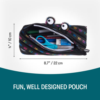 ZIPIT Monster Pencil Case for Kids, Cute Zipper Pouch for Boys Girls and Teens, Stationery Bag for School ,Black & Rainbow