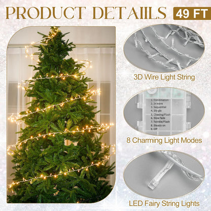 Mudder 49 ft Christmas Tree Ring Lights with Clear Ornaments Acrylic Hummingbird Snowflake Star Icicle and Iron Wire 300 LED Crystal Garland Fairy Lights for Indoor Xmas Tree Winter Party Decor
