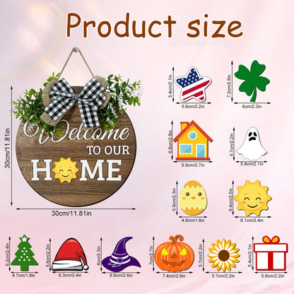 VPDTVK Interchangeable Seasonal Welcome Sign Front Door Decoration, Rustic Round Wood Wreaths Wall Hanging Outdoor Decor for Spring Summer Autumn and Winter All Seasons Holiday Halloween Christmas