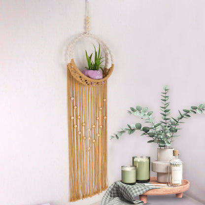 LB Brown Macrame Wall Hanging Holder, Bohemian Macrame Wall Art for Bedroom,Boho Handmade Woven Hanging Plant Shelf Toy Displays Organizer for Living Room Nursery Office 9.84" W x 35.43" L