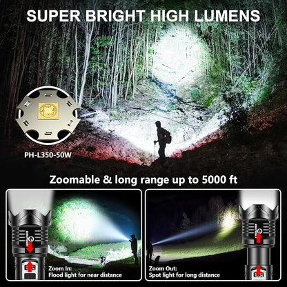 Super Bright Flashlight High Lumens 100000 Rechargeable, Strong 50W LED, Big 8.54” Length, Adjustable 5-Mode, Dual Buttons, Long Lasting 15H, Quick USB C Charge, LCD Display & Output, for Hiking Home