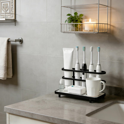 Diatomite Toothbrush Holder for Bathroom, Quick Dry Diatomaceous Earth Base, 5 Slot Electric Toothbrush Organizer for Countertop, Toothpaste Holder Bathroom Counter Organizer, Black