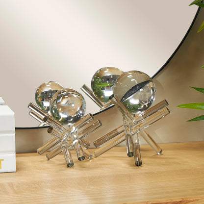 Deco 79 Crystal Abstract Decorative Sculpture Jack Inspired Home Decor Statues with Clear Resting Orbs, Set of 2 Accent Figurines 8", 7"H, Clear