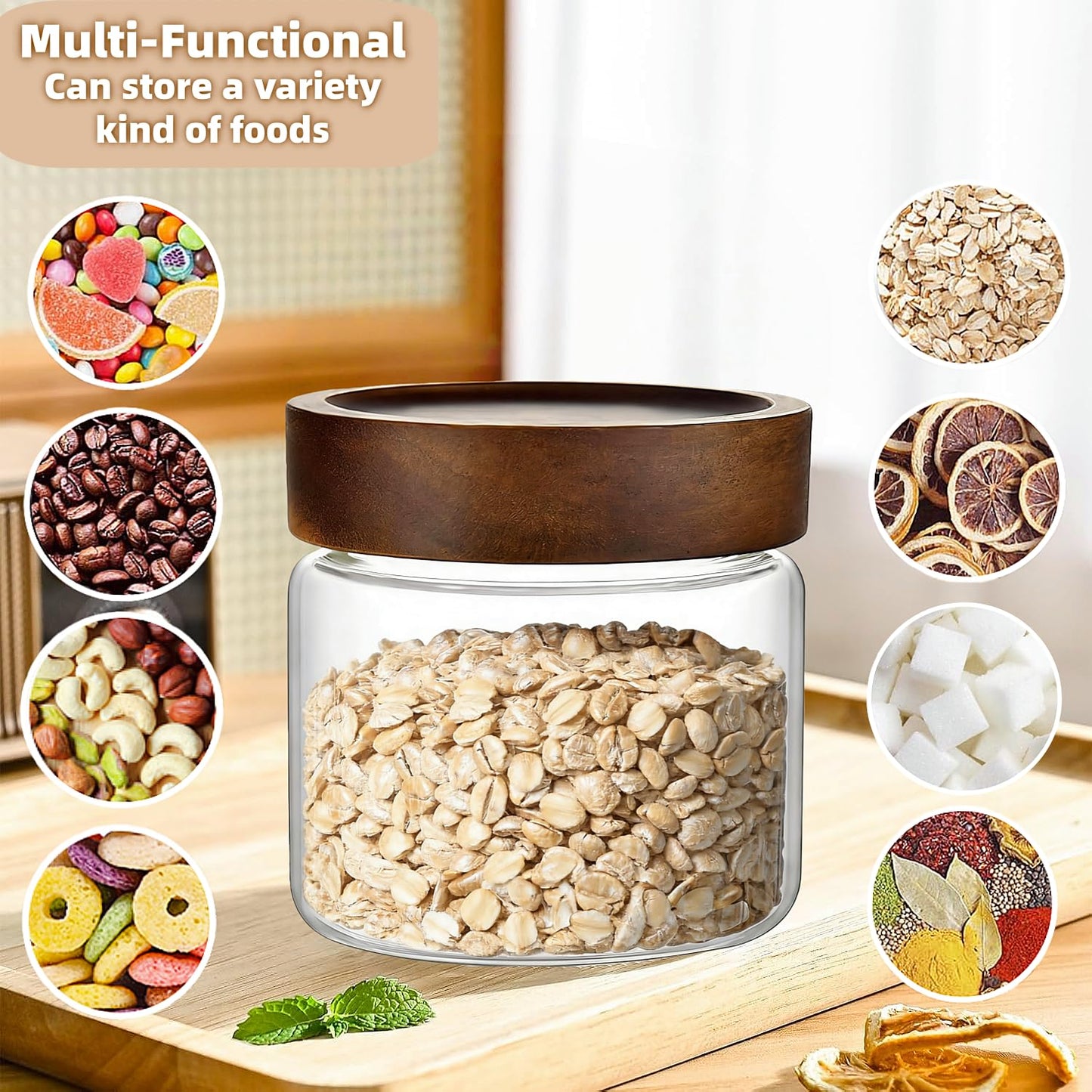 17 Fl oz/500 ml Glass Food Storage Jar, Premium Clear Glass Container Jar with Airtight Screw-on Wooden Lid, Kitchen Canisters for Coffee,Tea,Pasta,Cookies, Nuts,Spice,Candy,Overnight Oatmeal（Small)