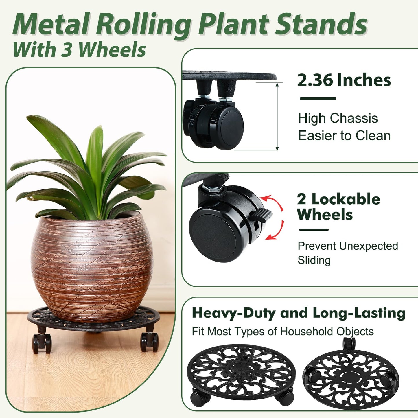 2 Packs 11 Inch Rolling Plant Stand with Wheels Wrought Iron Rolling Plant Stand with Casters Heavy Duty for Indoor Plants Rollers Potted Plant Mover, Metal Round Plant Dolly