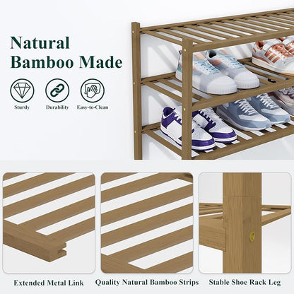 Smiry Bamboo Shoe Rack, 2 Tier Free Standing Wooden Shoe Organizer, Stackable Wood Shoe Storage Shelf for Closet, Entryway, 14 Vertical Slats, One-piece Heavy-Duty Legs, 26.8"x11"x13", Walnut