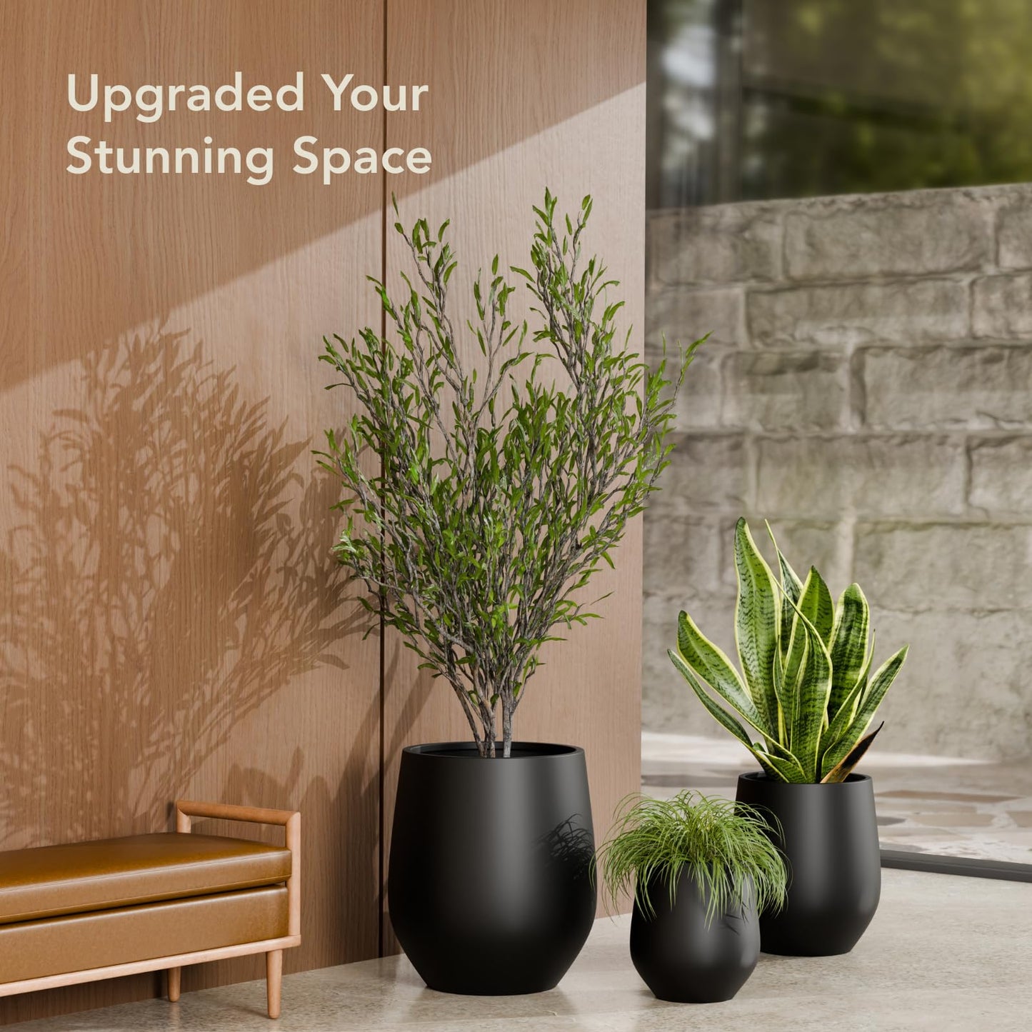 KUTE NEST 12.5" H x 11.4" D Premium Corso Fiberstone Round Tapered Planter with Drainage Hole, Weather Resistant for Indoor and Outdoor Use, Included 2 Extra Coco Mats (Black, 9" Pot Opening)