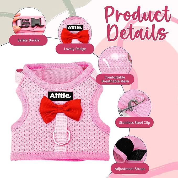 AIITLE Rabbit Harness and Leash Set with Cute Bow, Soft Breathable Mesh Vest Harness for Rabbits Kitten Ferret Puppy Small Pets Walking Supplies Pink L