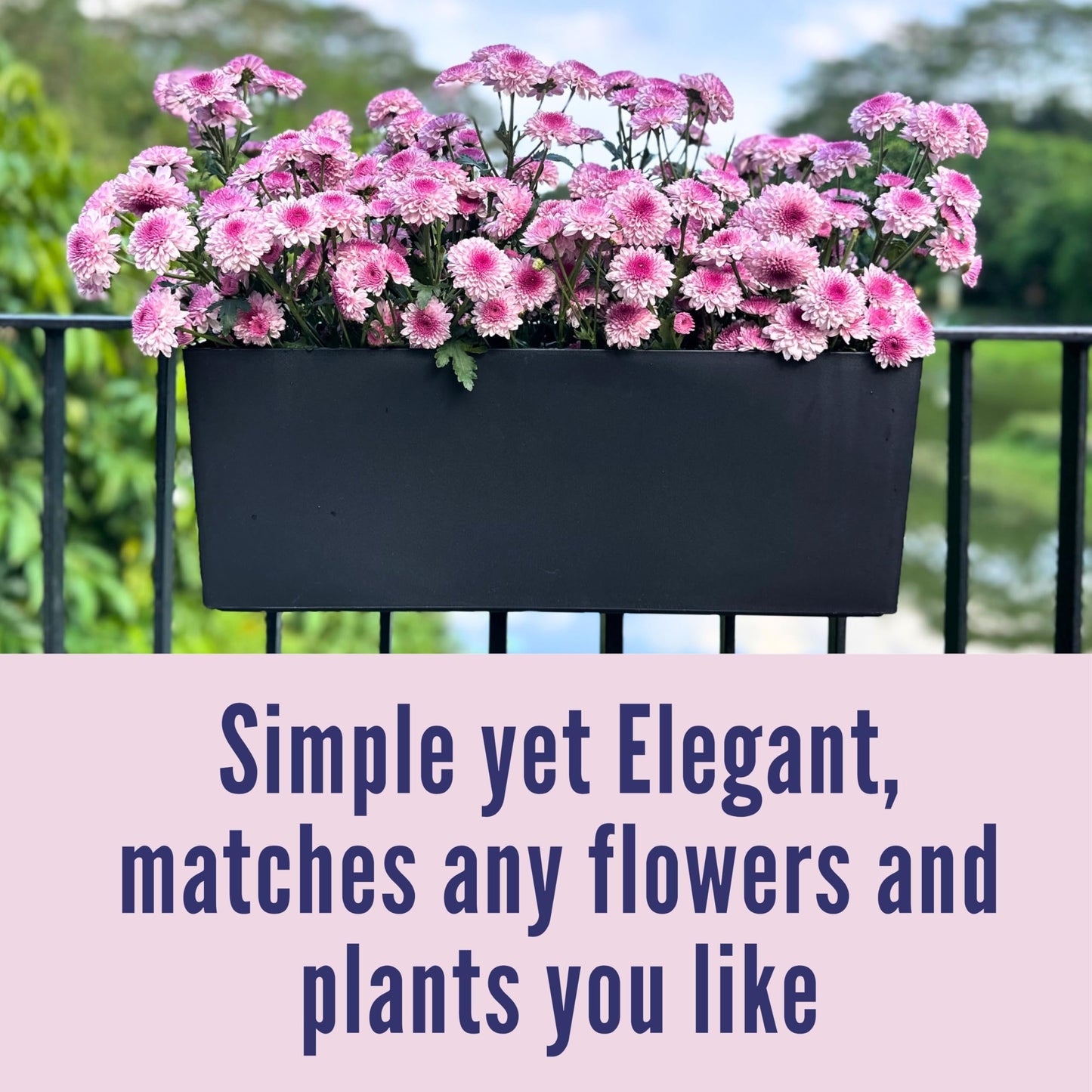LaLaGreen Deck Railing Planter Boxes (14 Inch, 4 Pack) Self-Watering Window Box Planters with Brackets, Rectangular Hanging Flower Pots for Balcony Fence, Herb Garden Outdoor Black Plastic Planters