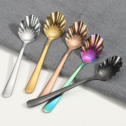 uxcell 2pcs Stainless Steel Shell Spoon, Metal Sugar Spoon for Coffee, Yogurt, Home, Bar Use, Black