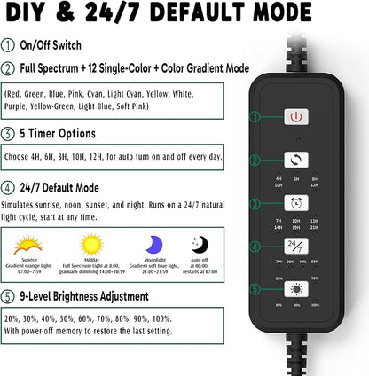 24/7 LED Aquarium Light for 46-56 Inch Plant & Fish Tank IP68, 12-Color & Gradient & Full Spectrum with Sunrise-Daylight-Moonlight, Auto On/Off, Brightness, Extendable Brackets for Freshwater