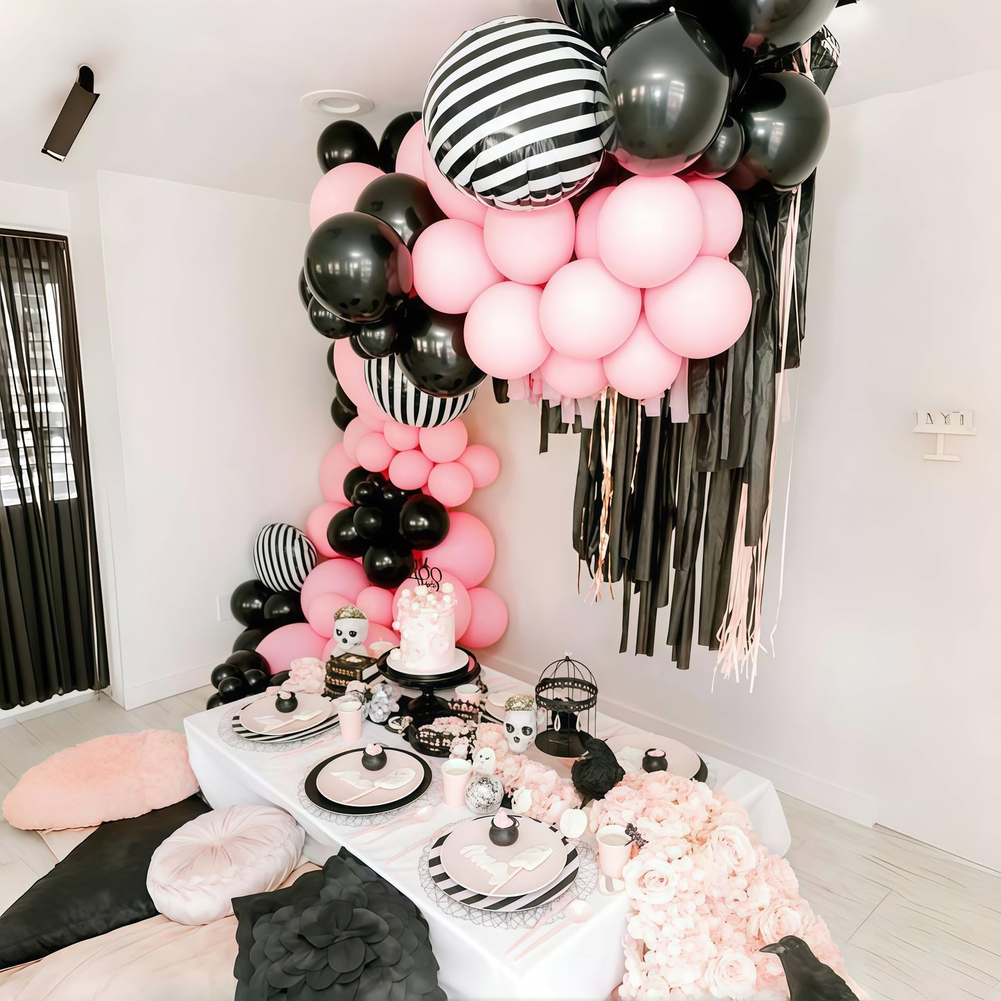 Pink Black White Halloween Balloon Garland Kit,118pcs Pastel Halloween Ghost Striped Foil Balloon Arch with 3D Bats for Girl Kawaii Spooky One Birthday Backdrop Baby Shower Birthday Party Decorations