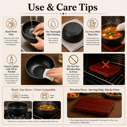 XICHENGSHIDAI Cast Iron Dolsot Bibimbap Bowl with Wooden Base, 31 oz Korean Sizzling Rice Bowl, Heat-Retaining Hot Pot Bowl for Soup, Rice, Stew and Korean Cooking