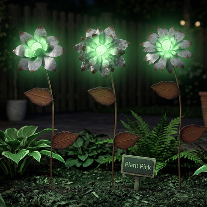 Topadorn 3-Pack Glow-in-the-Dark Metal Flower Garden Stakes, 14" Weatherproof Outdoor Plant Picks, Rustic Yard Art for Lawn & Patio