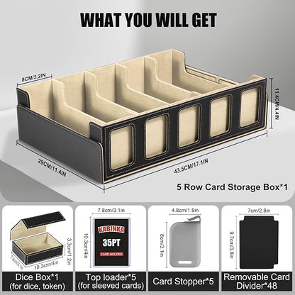 Kabinka Trading Card Storage Box with Commander Display, 5-Row 3900+ MTG Storage Box, Card Deck Box for MTG TCG Sports Card, 5 Top Loaders, 5 Stoppers, 48 Dividers,1 Dice Tray (Black Gold)