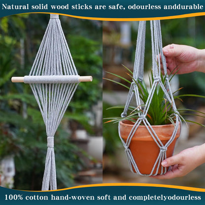 XINBOR 4 Pack Macrame Plant Hangers Indoor Up to 10 inch Pot, Boho Hanging Planters, Plant Holder with 8Pcs Stainless Steel Hooks (4Pcs Gray Hanger)