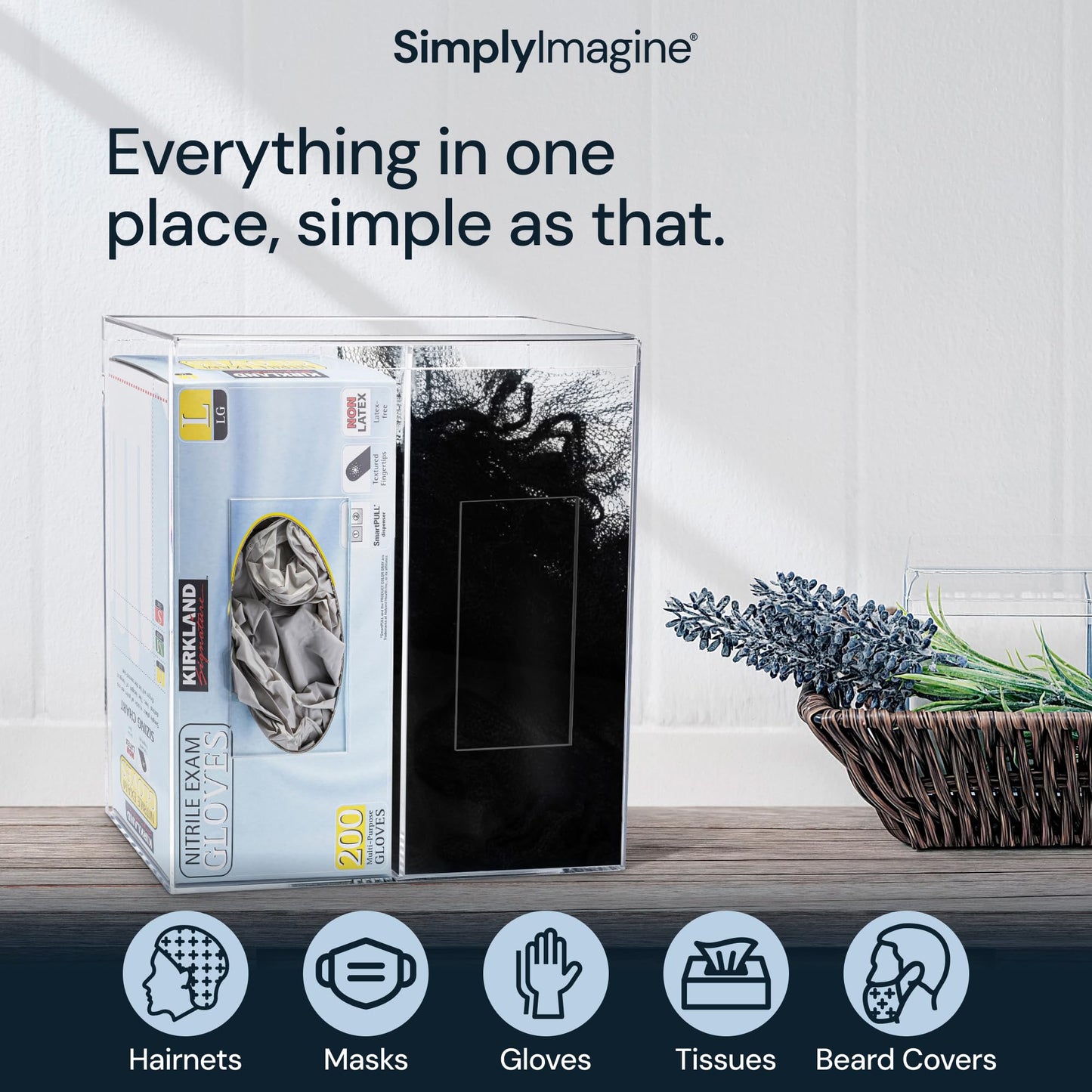 SimplyImagine Dual Hygiene Dispenser Station - Clear Acrylic - Glove Dispenser with Dust-Free Lid - Wall-Mount & Tabletop Glove Holder - Sanitation Station & Mask Container & Hairnet Holder