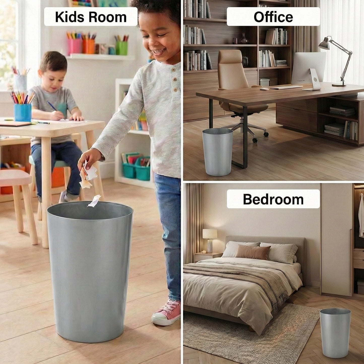 Mini Waste Basket - Durable Small Plastic Garbage Trash Can Bin - Lidless Open-Top, Slim Profile for Compact Spaces - Suitable for Home, Bathroom, Office, Bedroom, Kitchen and More, Silver Brushed