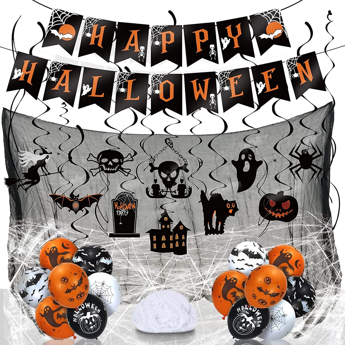 LINAYE Halloween Party Decorations Kit Indoor Outdoor | Halloween Hanging Swirl Decorations, Banner, Creepy Cloth, Balloons, Spider Web Hanging Decorations Decor Set Pack