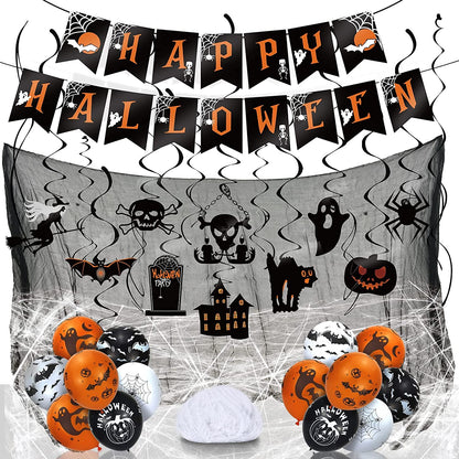 LINAYE Halloween Party Decorations Kit Indoor Outdoor | Halloween Hanging Swirl Decorations, Banner, Creepy Cloth, Balloons, Spider Web Hanging Decorations Decor Set Pack