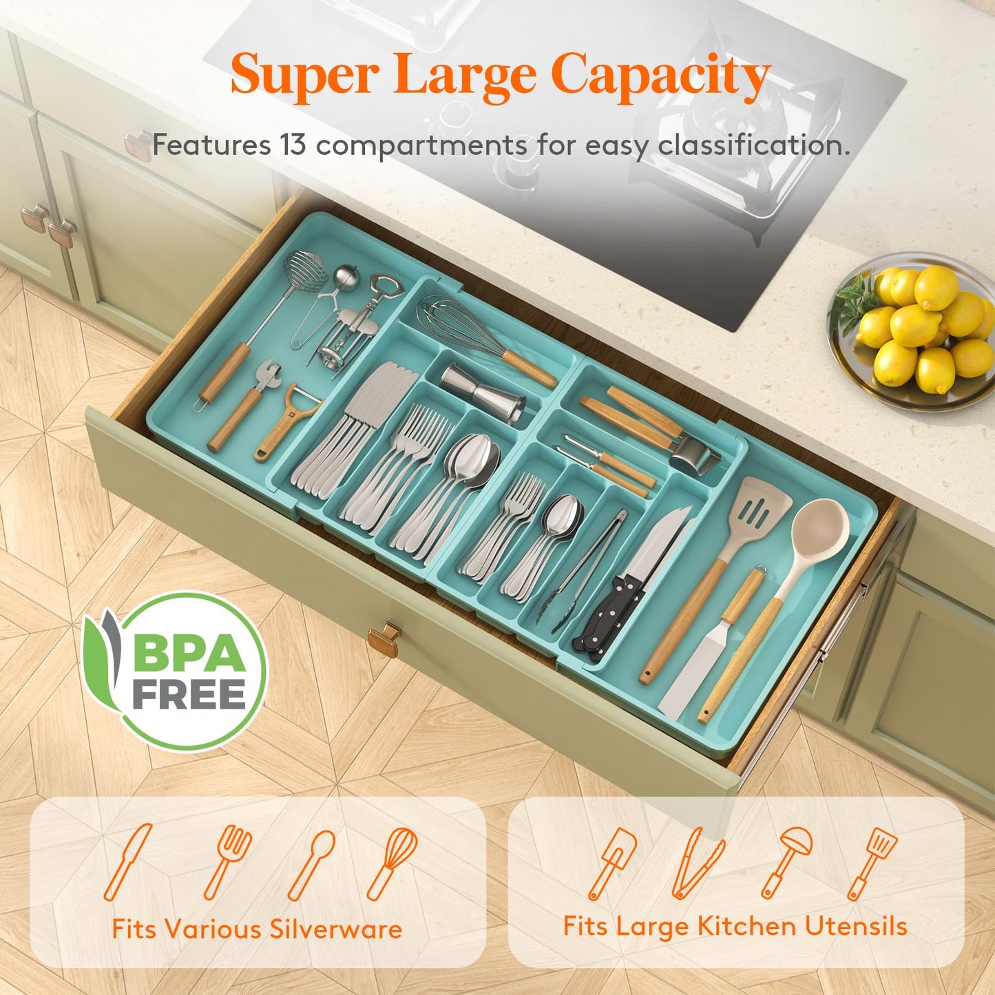 Lifewit Large Silverware Drawer Organizer, Expandable From 21 to 36 Inches, BPA Free Plastic Utensil Tray for Kitchen, Adjustable Flatware and Cutlery Holder for Spoons Forks Knives, Black