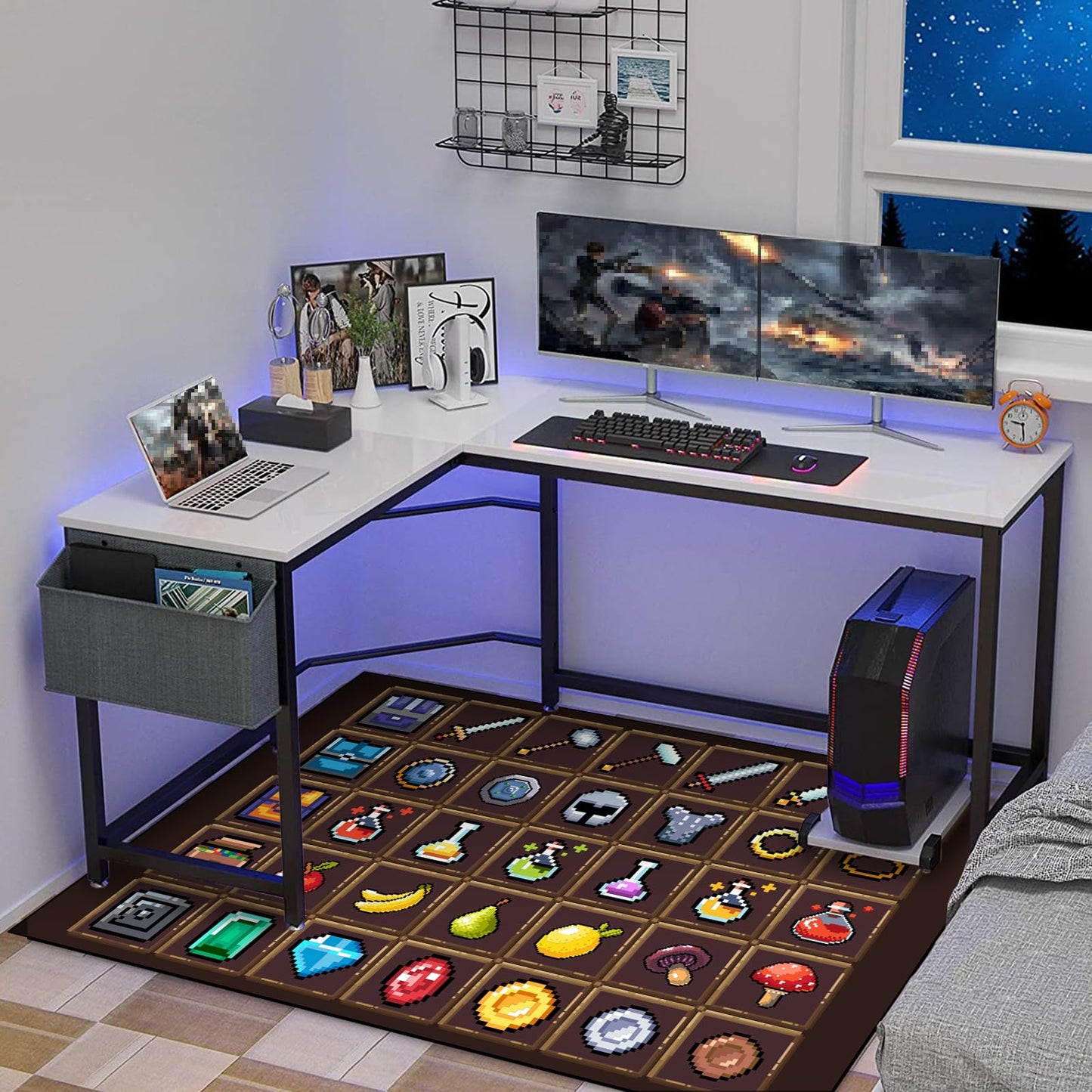 DRVAKO Game Rug Teen Boys Carpet with Pixel Games Element Items Decoration Mat, Weapon Medical Game Rugs for Boy’s Bedroom Living Room Playroom, Non-Slip Children Gaming Area Rugs (Brown, 63" x 47")