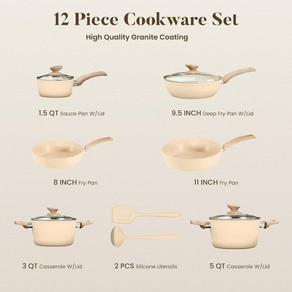 Kitchen Academy Beige Pots and Pans Set Non Stick, 12Pcs Induction Cookware | Even heating, easy to clean granite. Healthy kitchen cooking experience. 100% PFOA & PFAS free.