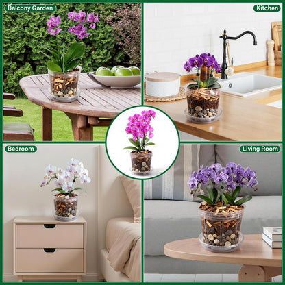 FDKYOEK 12 Pack Orchid Pots, 4/5/6 Inch Plastic Orchid Pots with Holes and Saucers, Clear Orchid Pot with Plant Stakes and Clips, Small Breathable Orchid Planter Nursery Pot for Repotting