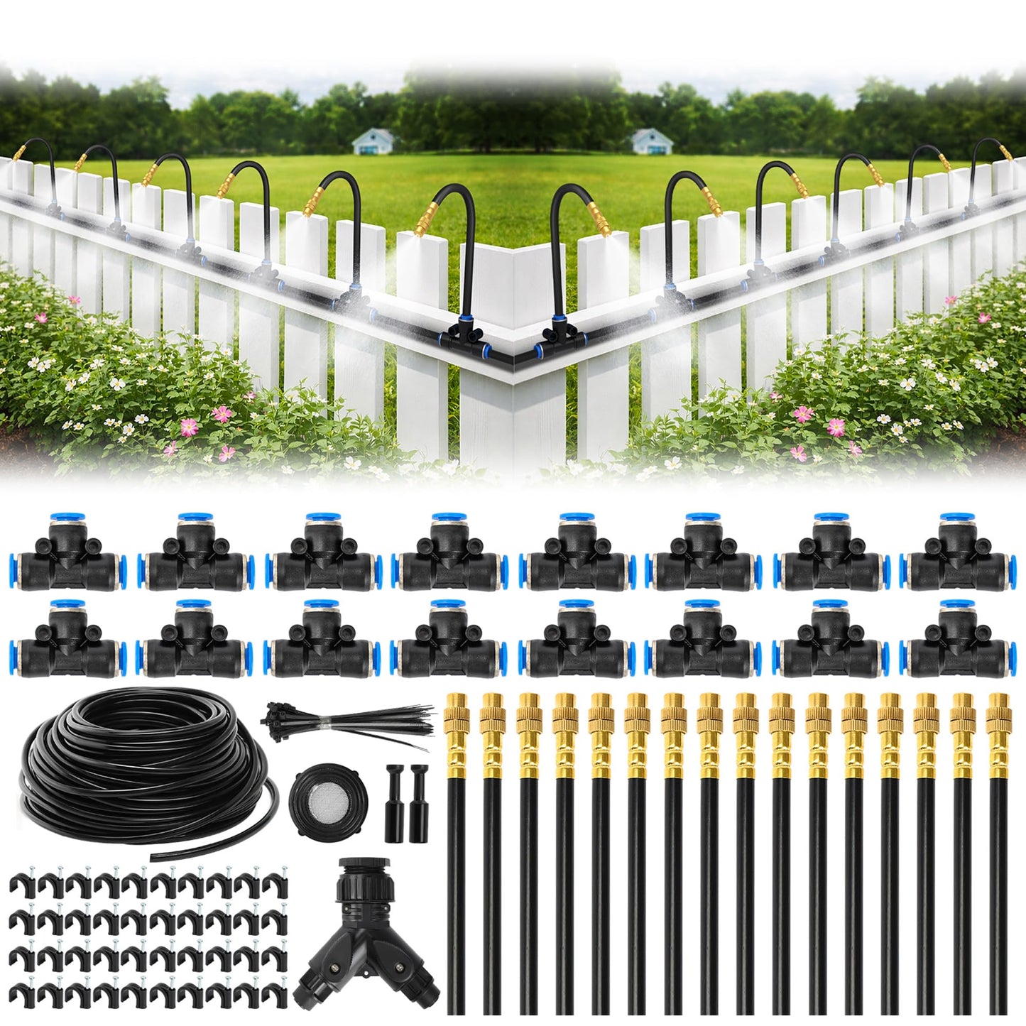 Bluepro Drip Irrigation System 100FT 1/4", 2026-Upgrade Garden Sprinkler Kit with 16PCS 360° Adjustable Copper Nozzles, Automatic Misting Watering System for Raised Beds, Greenhouse, Lawn, Patio, Yard