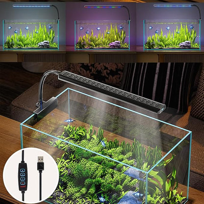 Clip On Aquarium Light for 1-5 Gallon Small Fish Tank – 3 Colors & 10 Dimmable Brightness Levels, Flicker-Free Full Spectrum LED Fish Tank Light with USB for Betta, Desktop, Nano Tank