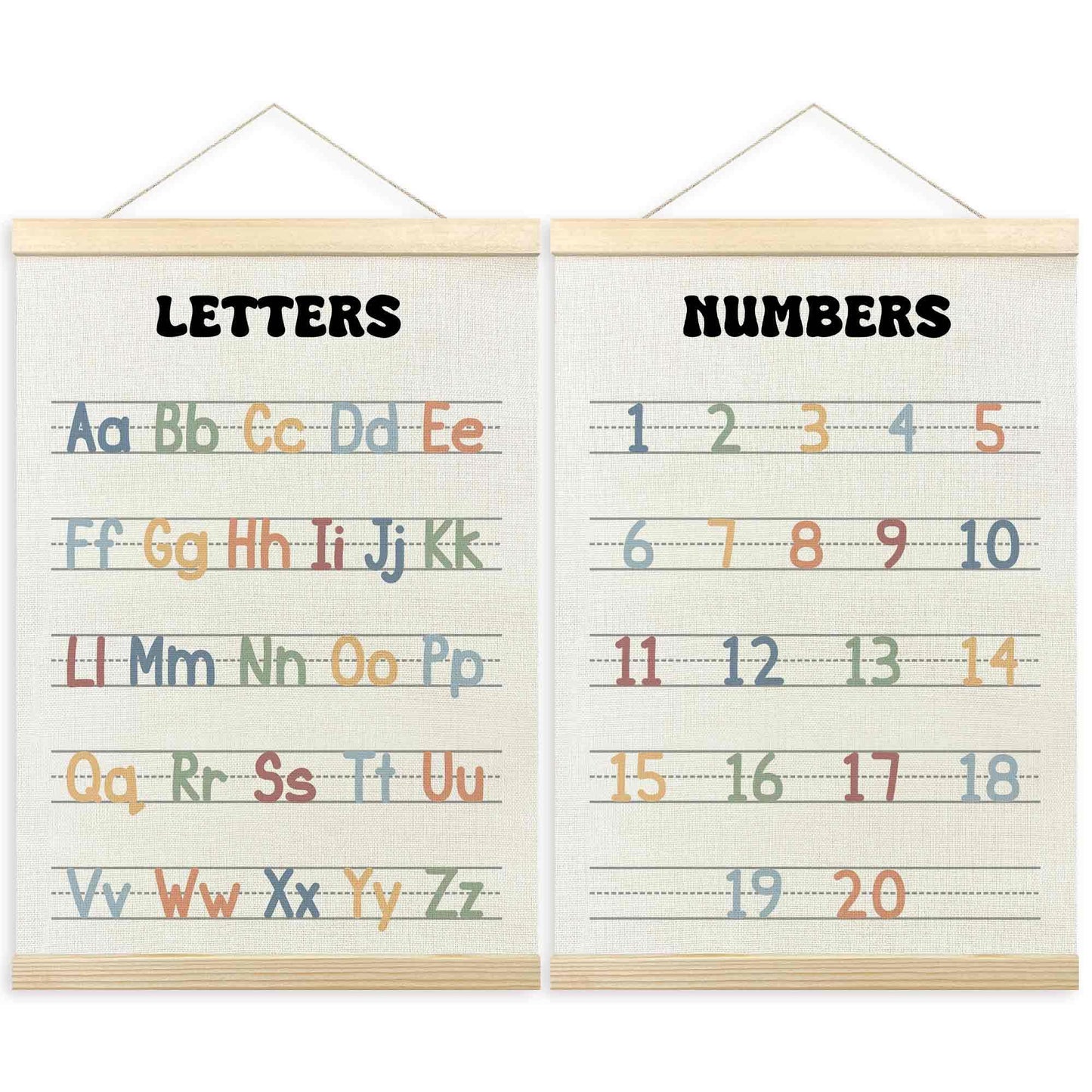 TLESKE Alphabet ABC Numbers Chart Poster Hanger Frame for Toddler Kid Classroom Set of 2, Homeschool Hanging Wall Art Decor for Nursery Playroom, Preschool Prek Learning Educational Poster, 12x16