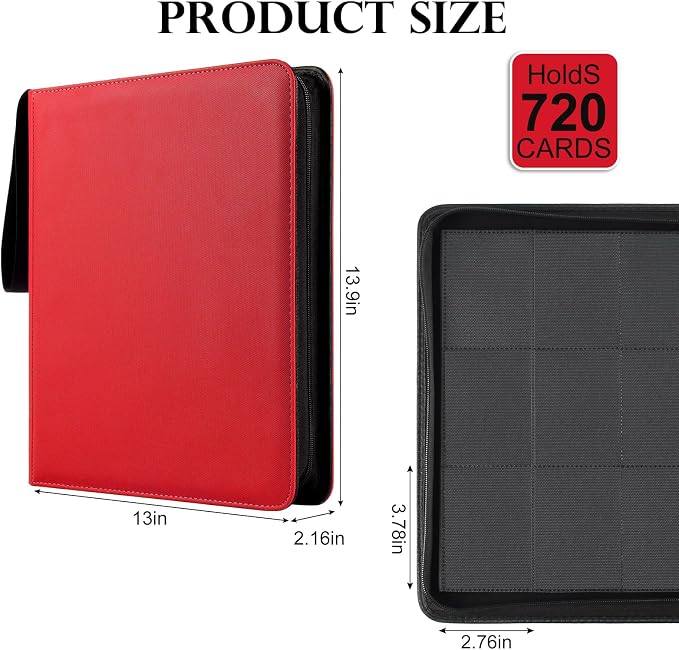 GEAoffice 12 Pocket Trading Card Binder for 720 Cards, Sturdy PU Cover Side Loading Zipper Card Collection Binder Album for MTG, TCG, Game & Sports Cards, Ringless, Non-PVC, Red