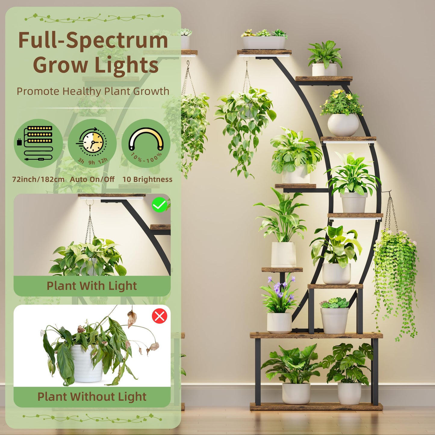 BACEKOLL Plant Stand Indoor with Grow Lights, 9 Tiered Metal Plant Shelf, 64" Tall Plant Stand for Indoor Plants Multiple, Large Plant Rack Display Shelf, Curved Plant Holder for Living Room, Patio