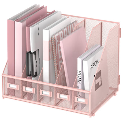 SUPEASY Desk Organizers Metal Desk Magazine File Holder with 5 Vertical Compartments Rack File Organizer for Office Desktop, Classroom, Home Workspace, Pink