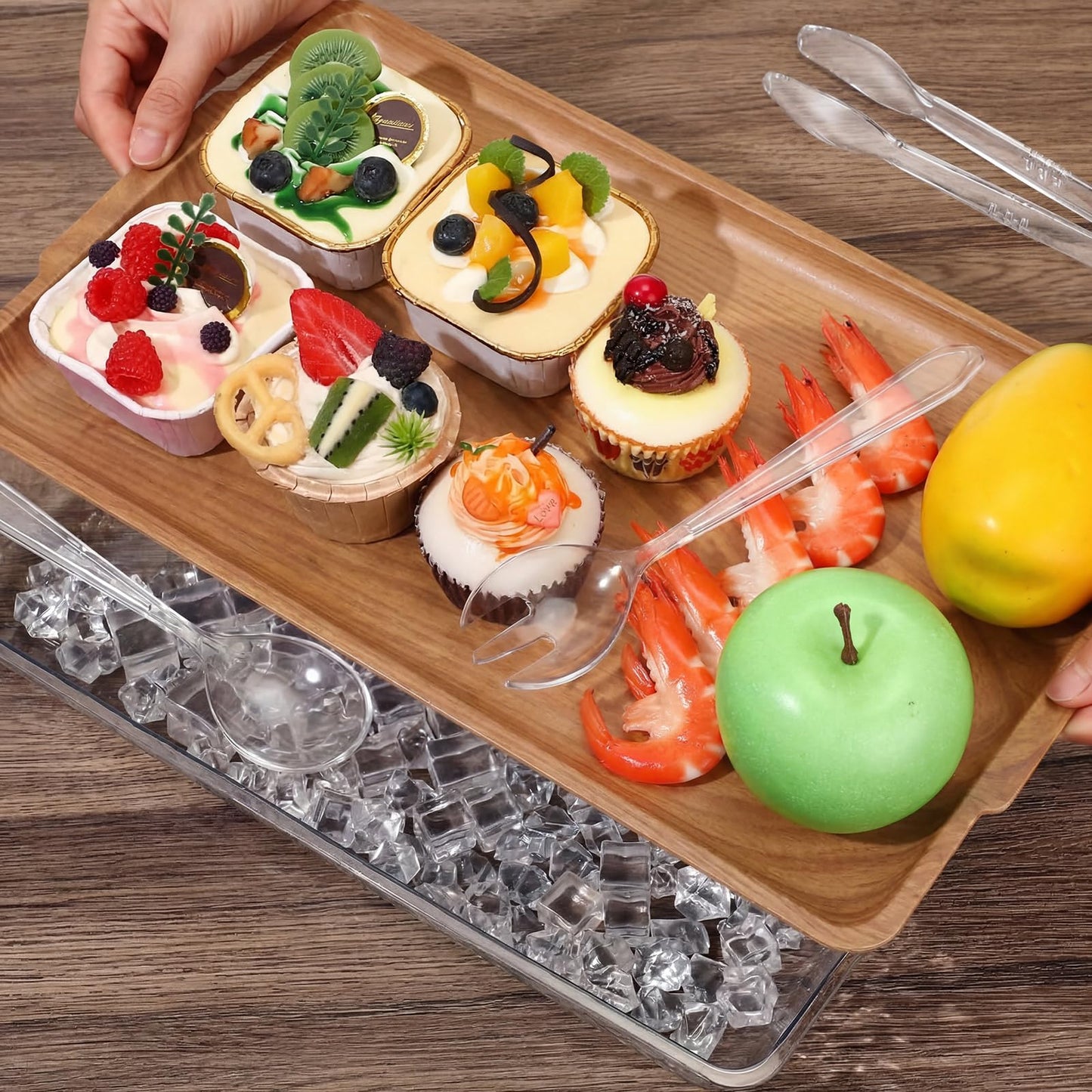 Baderke 1 Set 16" x 9" Chilled Serving Tray for Parties with Compartments Ice Chilled Party Crudite Platter Charcuterie Serving Board Cold Dish Dip Tableware for Seafood Vegetable (Light Wood)