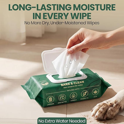 Bark & Clean Bamboo Dog Wipes for Cleaning & Deodorizing - 8.5" x 9" 110 Compostable Hypoallergenic Pet Wipes for Dogs - Paws, Butt & Body - Puppy Face, Ear & Eye Cloths - Pet Supplies
