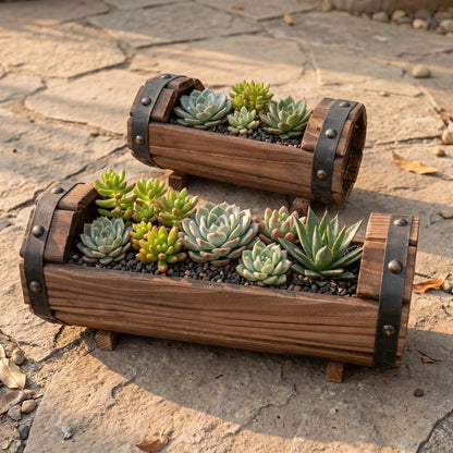 DOITOOL Half Barrel Planters Outdoor, 2 Pack Rustic Solid Wood Flower Pots for Plants, Carbonized Wooden Whiskey Wine Barrel Planter Set for Garden Patio Porch Windowsill Decoration (Brown)