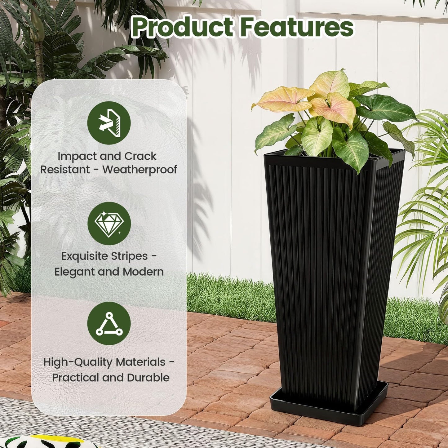 Diyfire Front Porch Planters Outdoor Set of 2, 24" Tall Plastic Planters for Outdoor Plants with Drainage, Extra Large Outdoor Planter Pots, Tapered Tall Planters for Front Door & Indoor Plants, Black