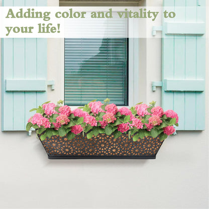 ZVOWOS Black Metal Railing Planter Window Box (2 Pack, 24 Inch) Horse Trough Planter with Coco Fiber Liner Deck Balcony Rail Planters for Porch Fence Patio Outdoor Garden Décor