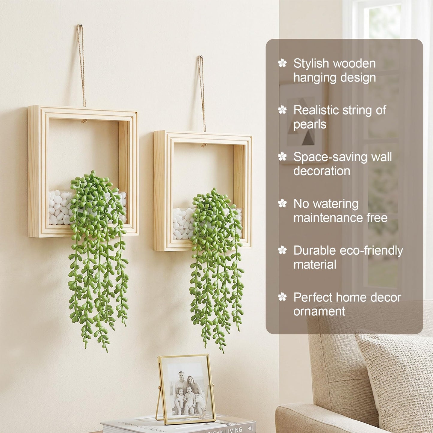 FancyPlus 2 Pack Fake Plants Hanging, Artificial Succulents Plants in Square Wooden Frame with LED Lights, Boho Wall Decor for Office Living Room Bathroom Bedroom Kitchen Indoor Outdoor, Natural Wood