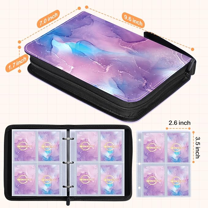 Card Binder 4 Pocket, 400 Pockets Card Holder Compatible with Game Cards Gift for Girls, Trading Card Binder Album Case Book Storage For Photocards, Small,Marble Purple