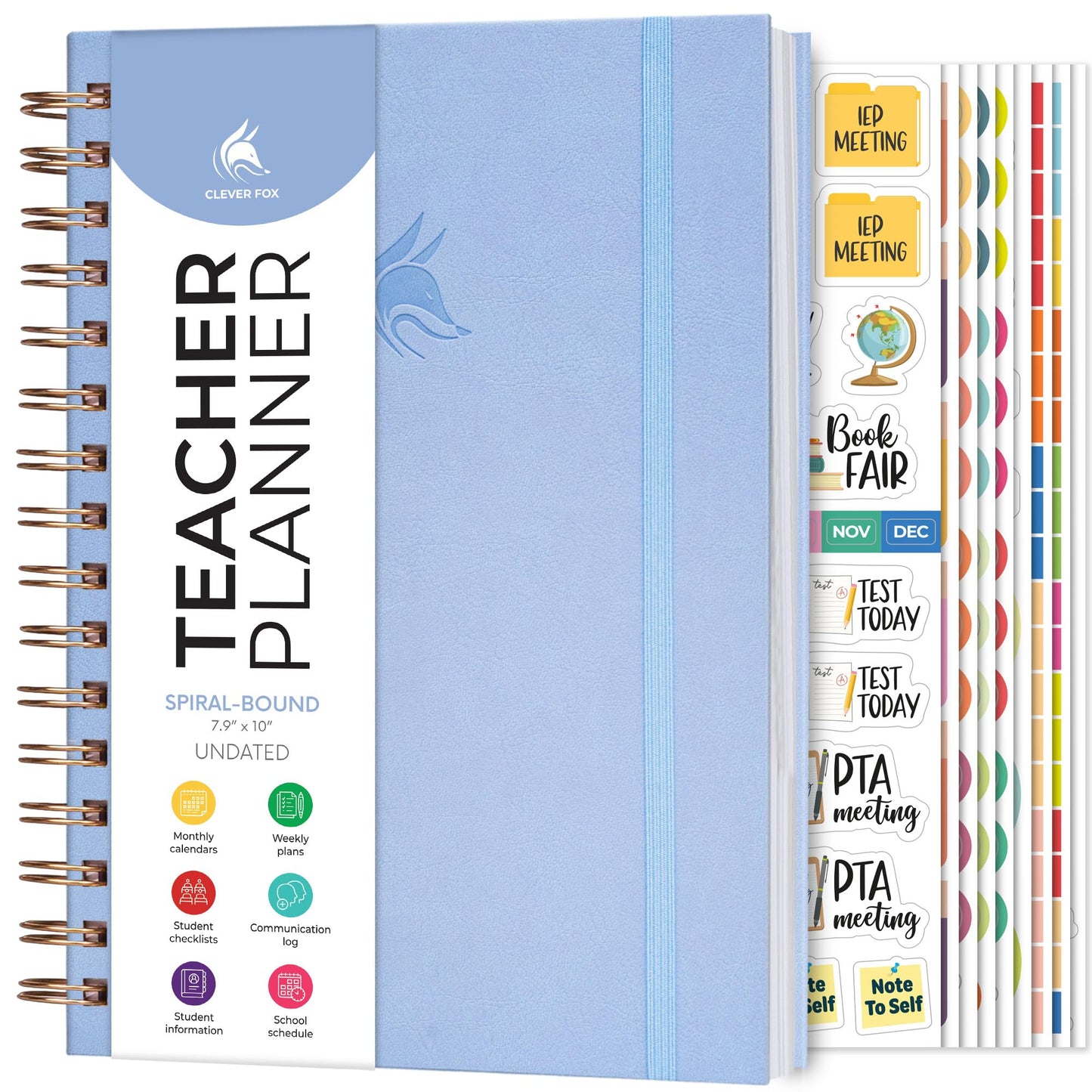 Clever Fox Teacher Planner Spiral – School Year Planner with Calendars & Lesson Plans – Teacher Plan Book for Classroom & Homeschool Organization - Undated, 7.9x10″ (Periwinkle)