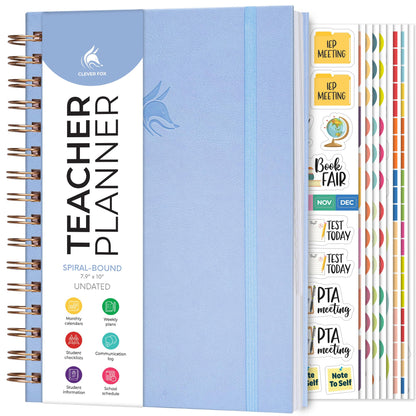Clever Fox Teacher Planner Spiral – School Year Planner with Calendars & Lesson Plans – Teacher Plan Book for Classroom & Homeschool Organization - Undated, 7.9x10″ (Periwinkle)