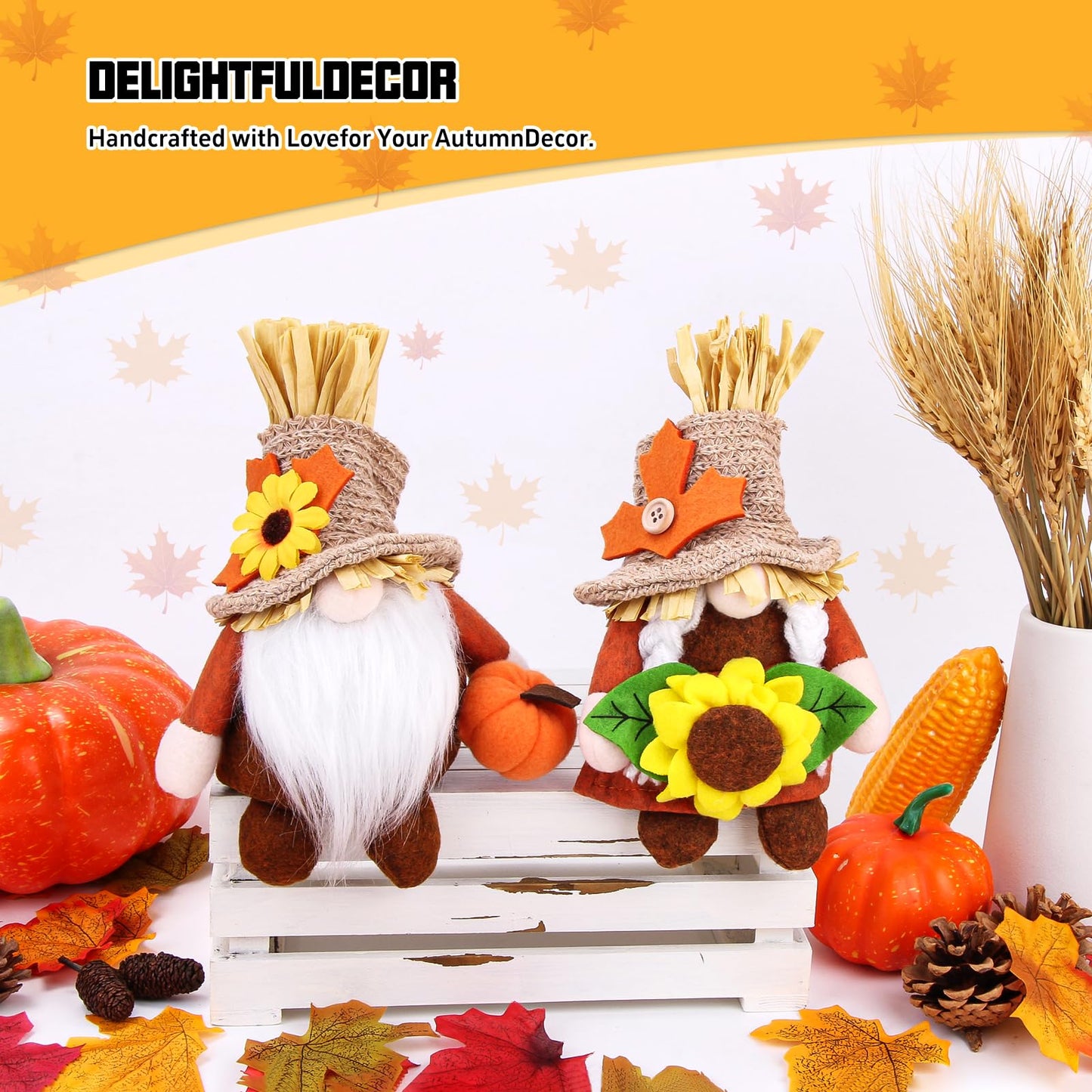 2pcs Fall Thanksgiving Gnomes Plush Decorations for Home, Cute Thanksgiving Gnomes Plush Pumpkin Maple Leaves Fall Gnome Set Home Indoor Table Tiered Tray Decor, Harvest Autumn Holiday Decoration Gift